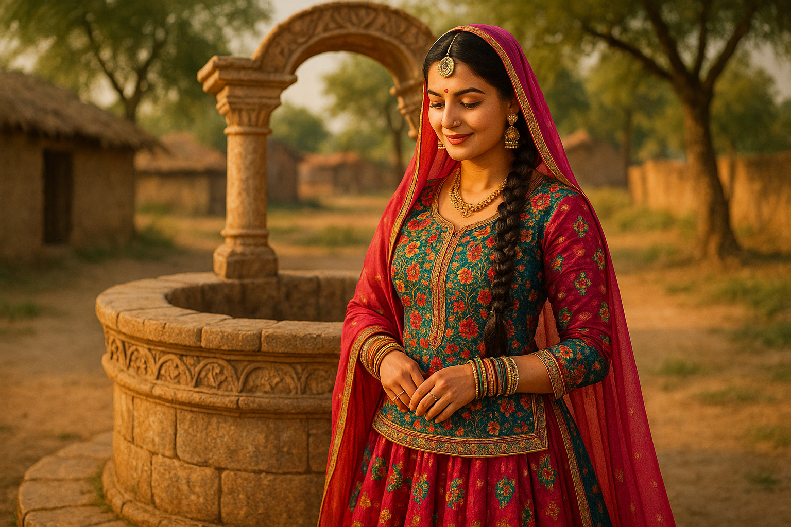haranvi woman with a beutyfull dress standing in front of well